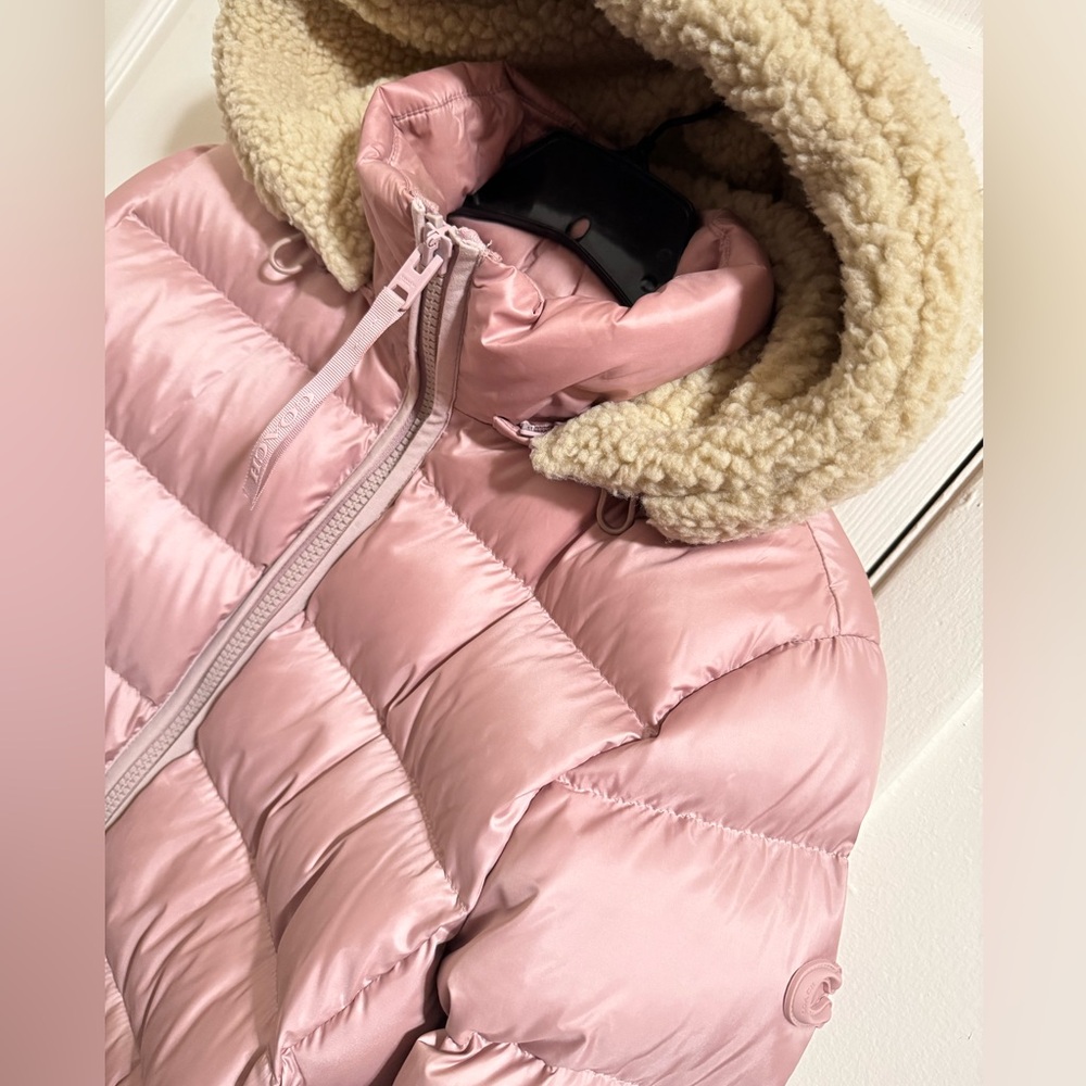 Coach Blush Pink Rose Quilted Long Slim Puffer Hooded Jacket size L - Picture 2 of 13